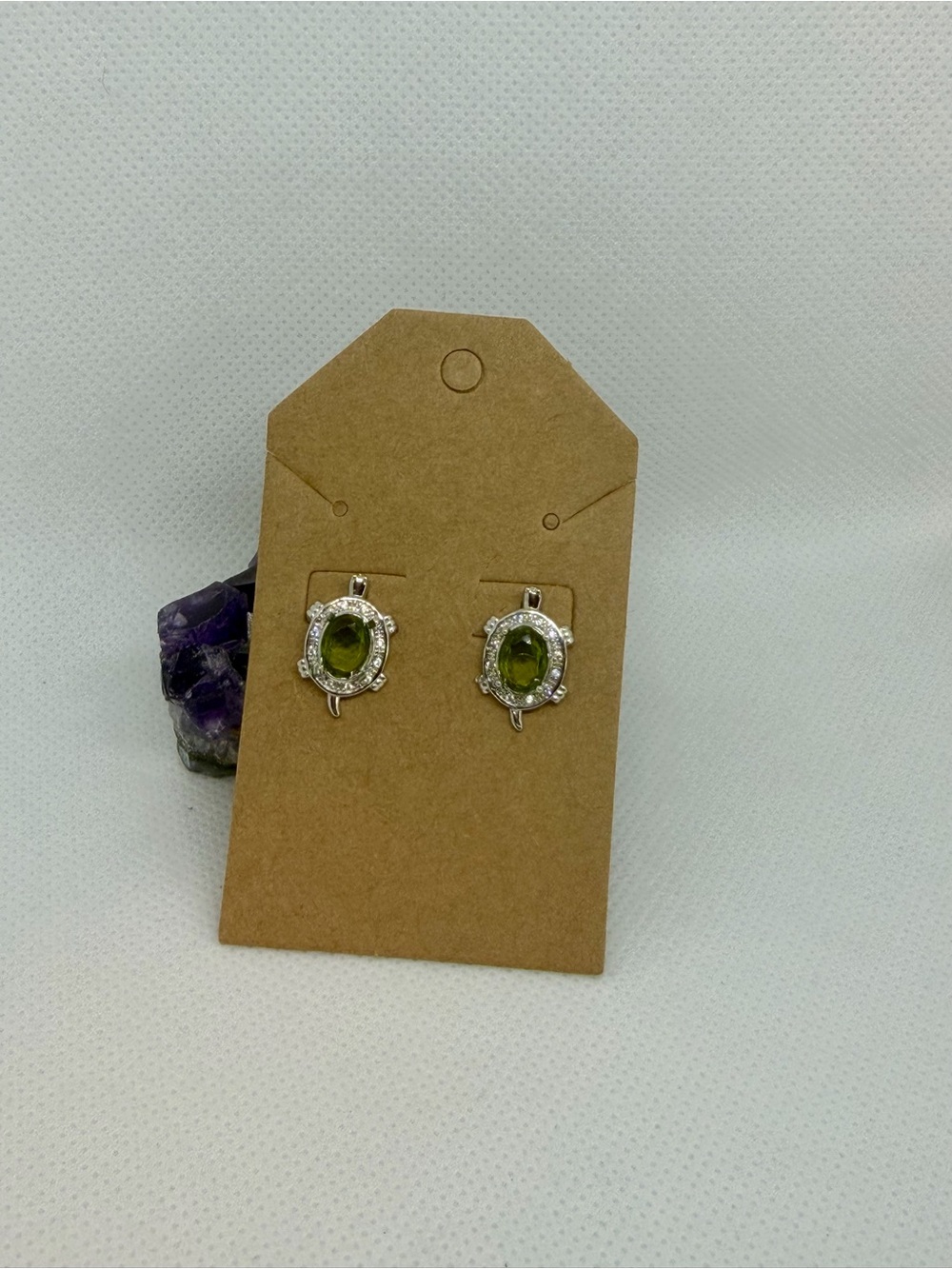 Silver  turtle 🐢 Peridot Oval Halo Drop Earrings - Green Gemstone